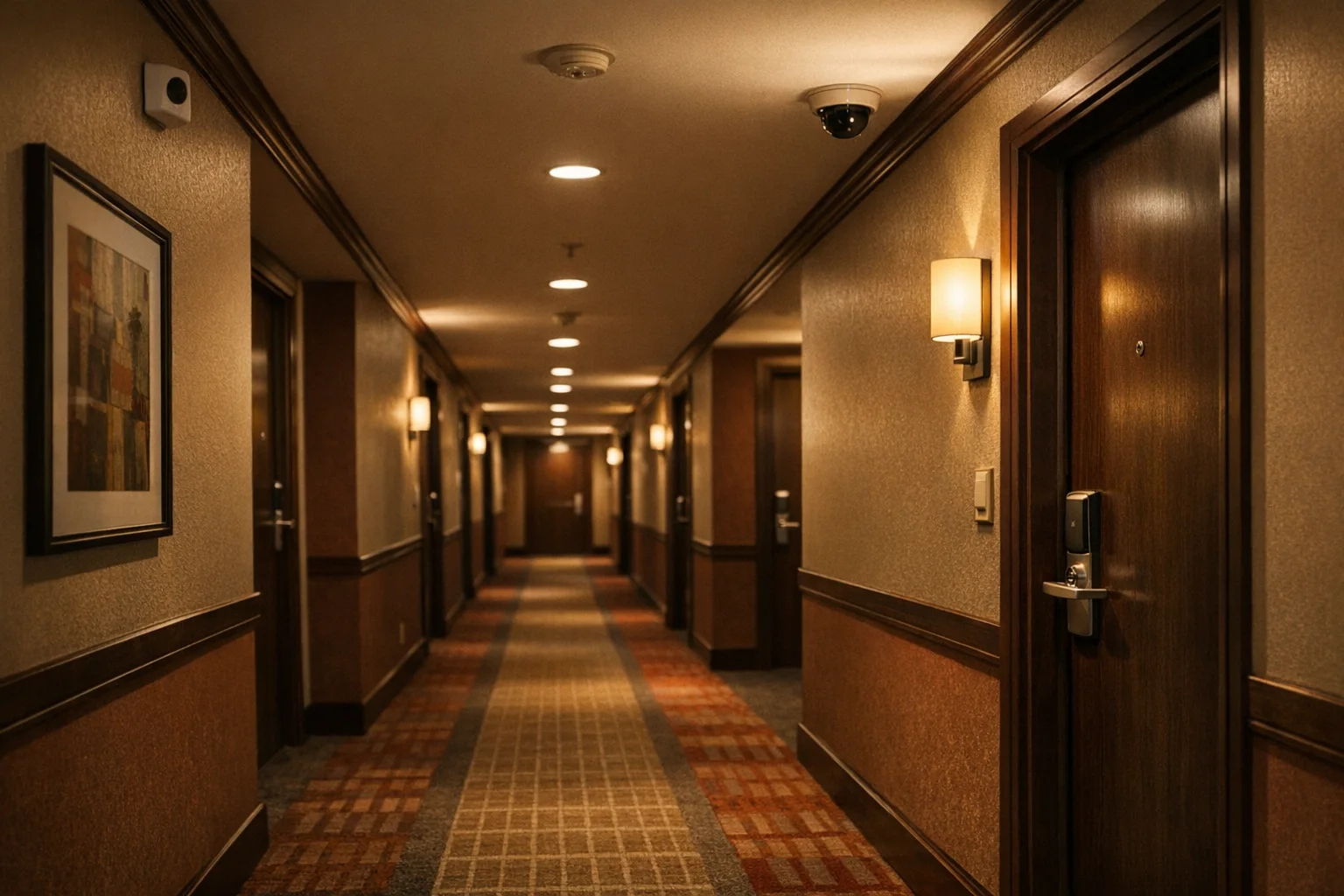 Hotel corridor scene used for surveillance-risk context