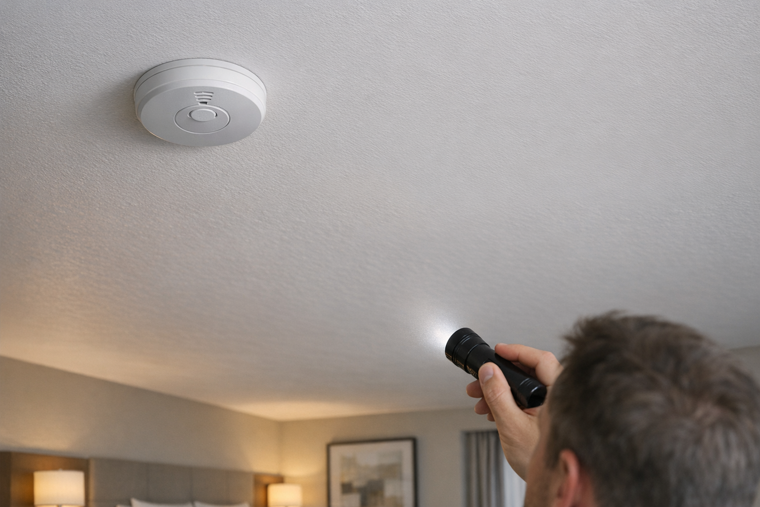 Traveler using a flashlight to inspect a ceiling smoke detector for hidden camera tampering signs