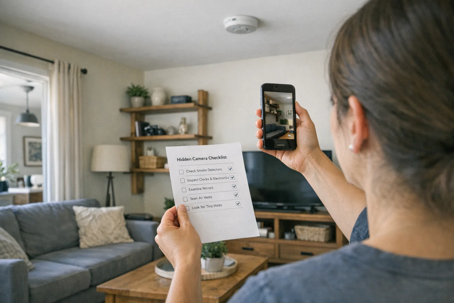 Phone-based hidden camera checklist used during a living-room privacy scan