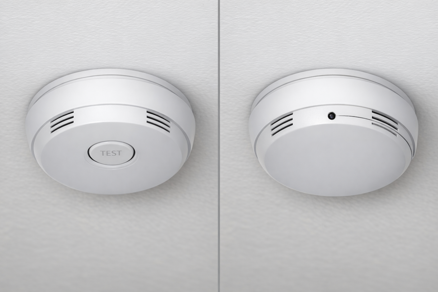 Side-by-side visual comparison showing normal smoke detector features on one side and suspicious pinhole-lens cues on the other