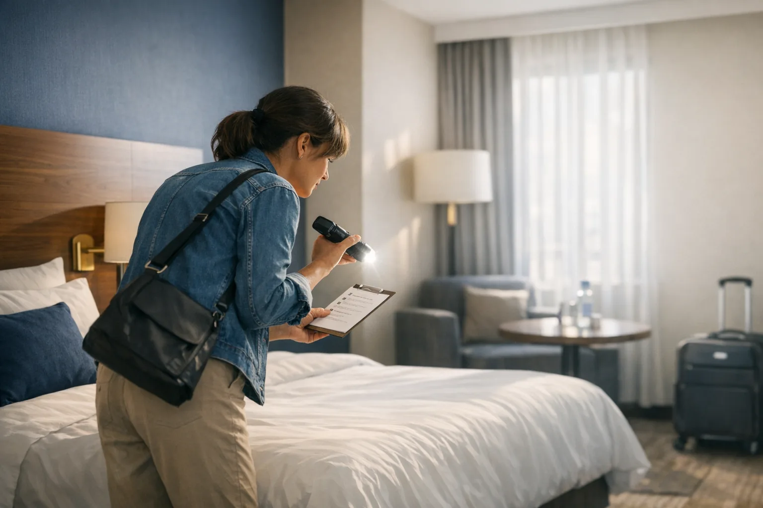 Traveler performing a hidden-camera safety sweep in a hotel room