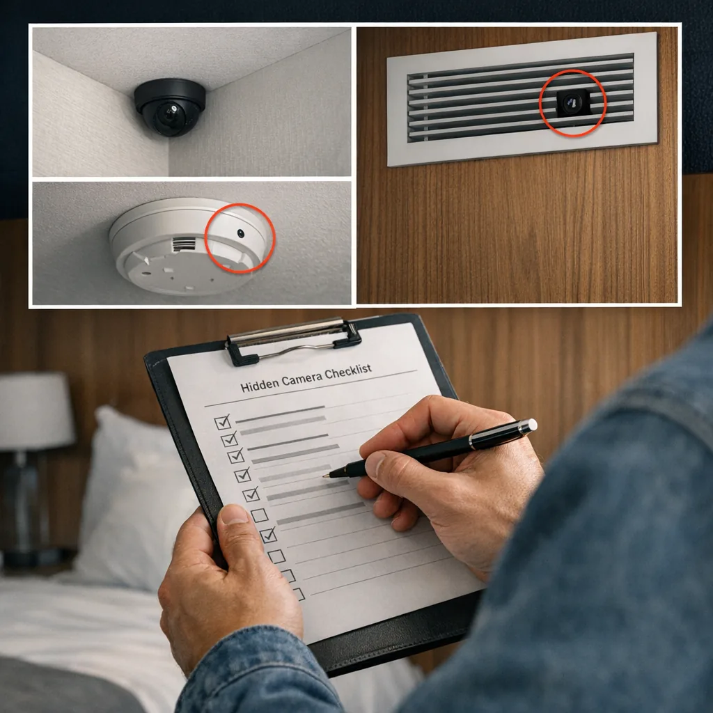 Traveler checking potential hidden camera spots in a hotel room